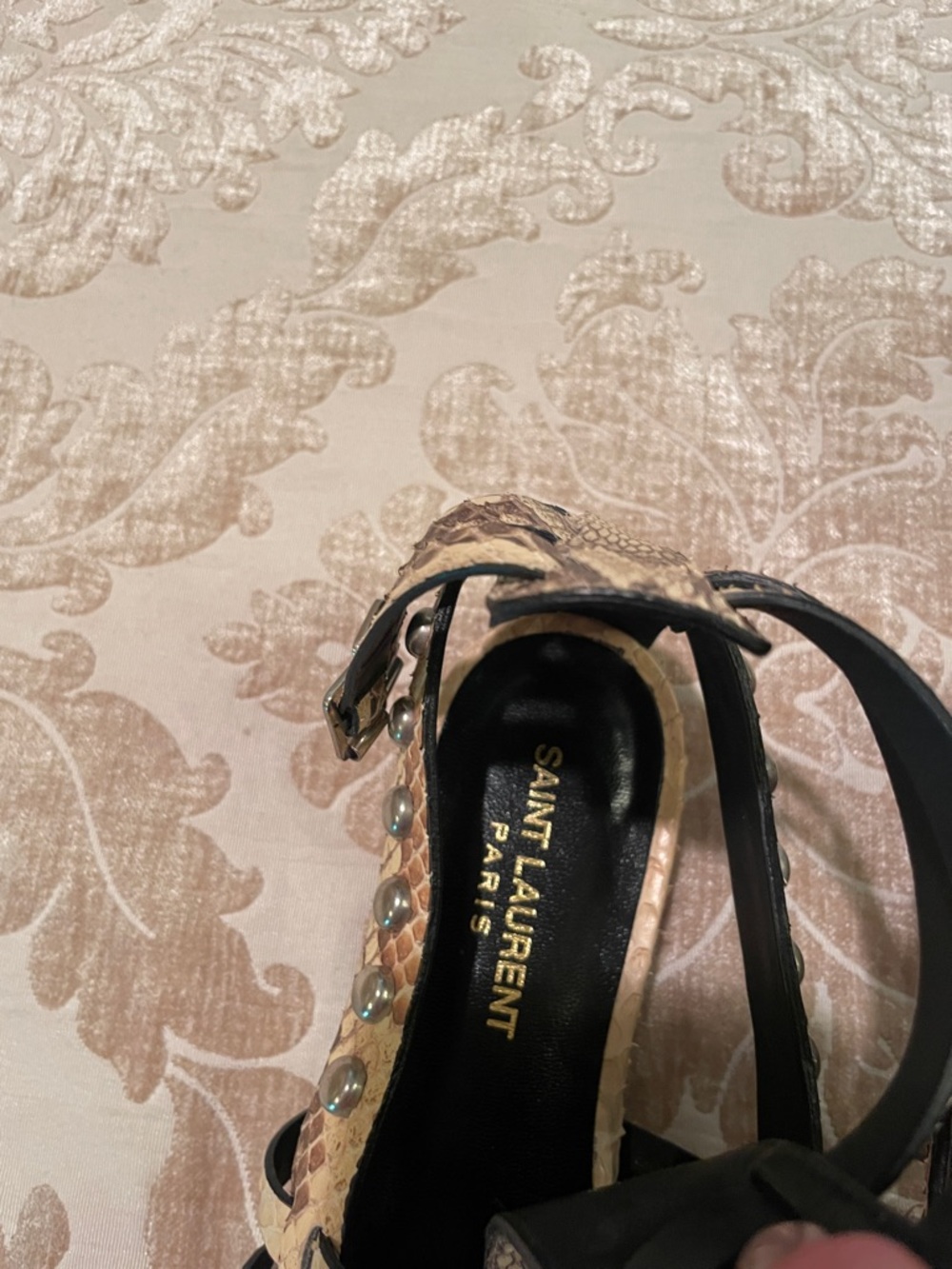 Saint Laurent Beige Snake-Print Studded Strappy Sandals - Picture 2 of 5